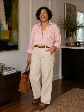 Chico's Pink and Red-Striped Casual Button-Down Shirt